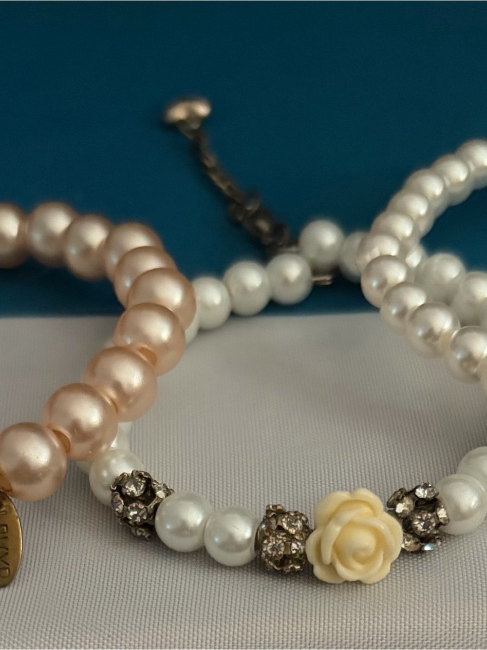 Three Pearl Bead Bracelet Set with Cream Rose Accent - Picture 2 of 6